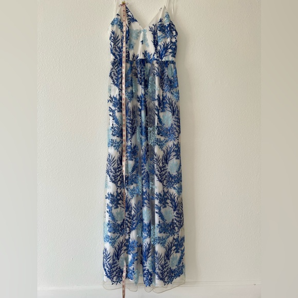 Nicole Miller White with Blue Floral Embroidered Sheer Overlay Maxi Dress - Picture 10 of 11